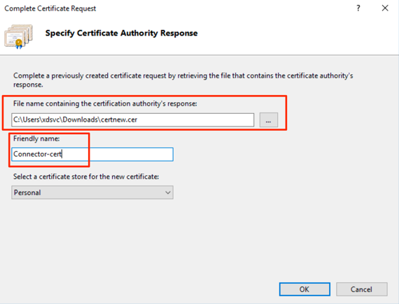 Screenshot of Complete Certificate Response window