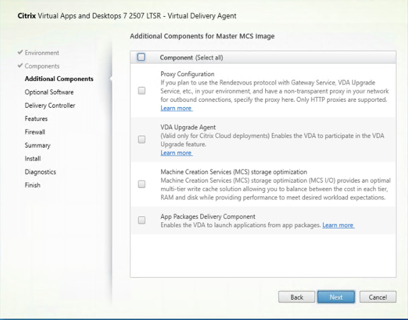 Additional Components page in VDA installer