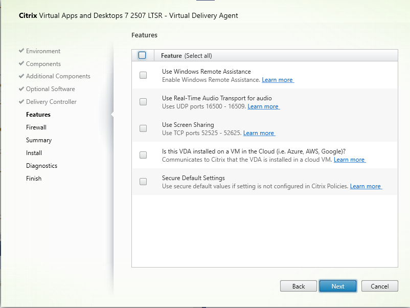 Features page in VDA installer