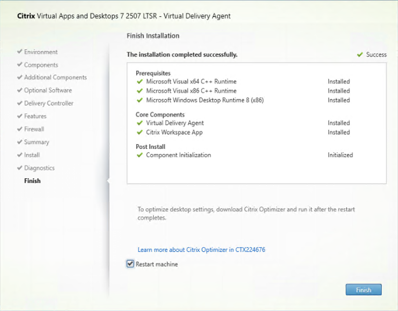 Finish Installation page in VDA installer