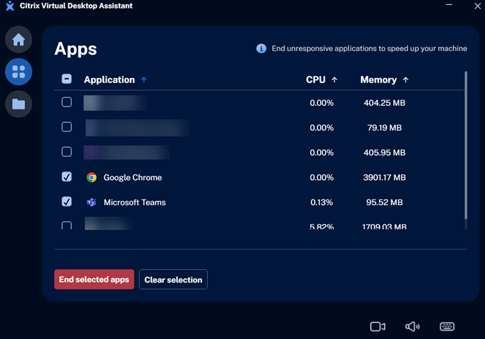 Citrix Assistant app Apps page-End selected apps