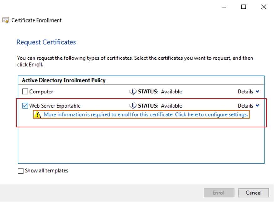 Request certificates dialog