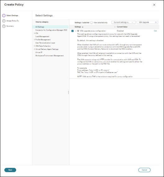 Select the VDA upgrade proxy configuration setting