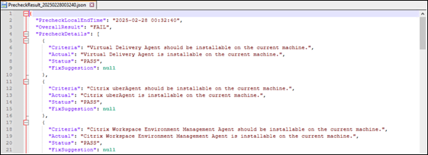 JSON precheck result