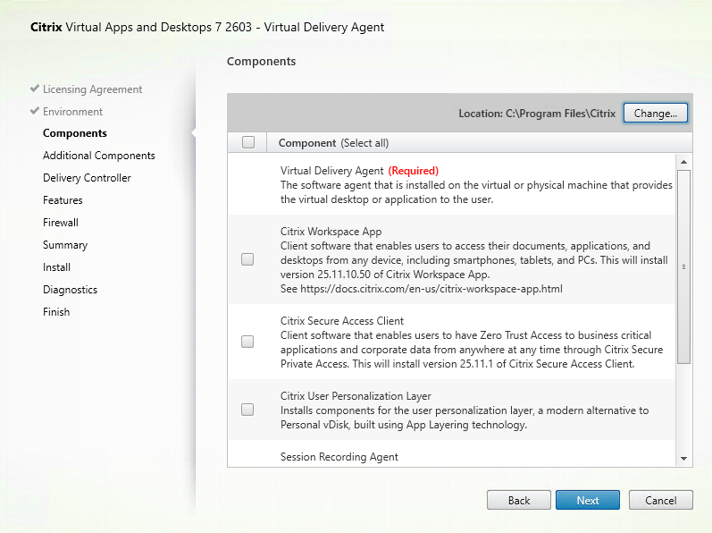 Components page in VDA installer