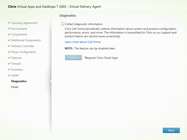 Diagnostics page in VDA installer