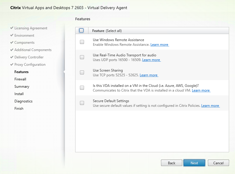 Features page in VDA installer