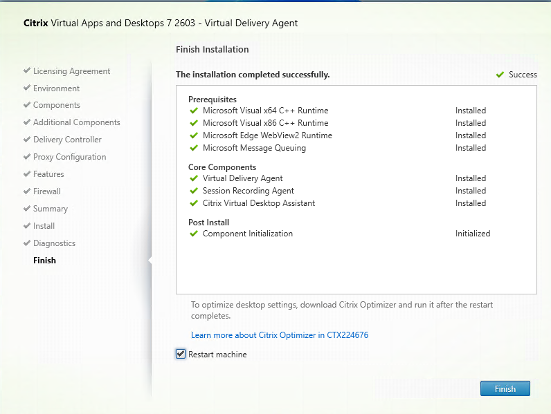 Finish Installation page in VDA installer