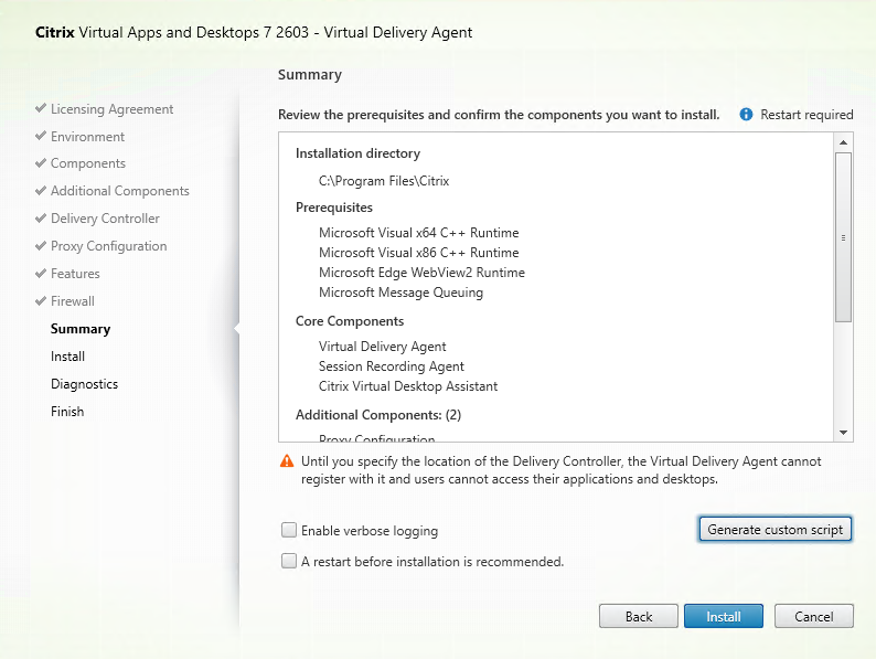 Summary page in VDA installer