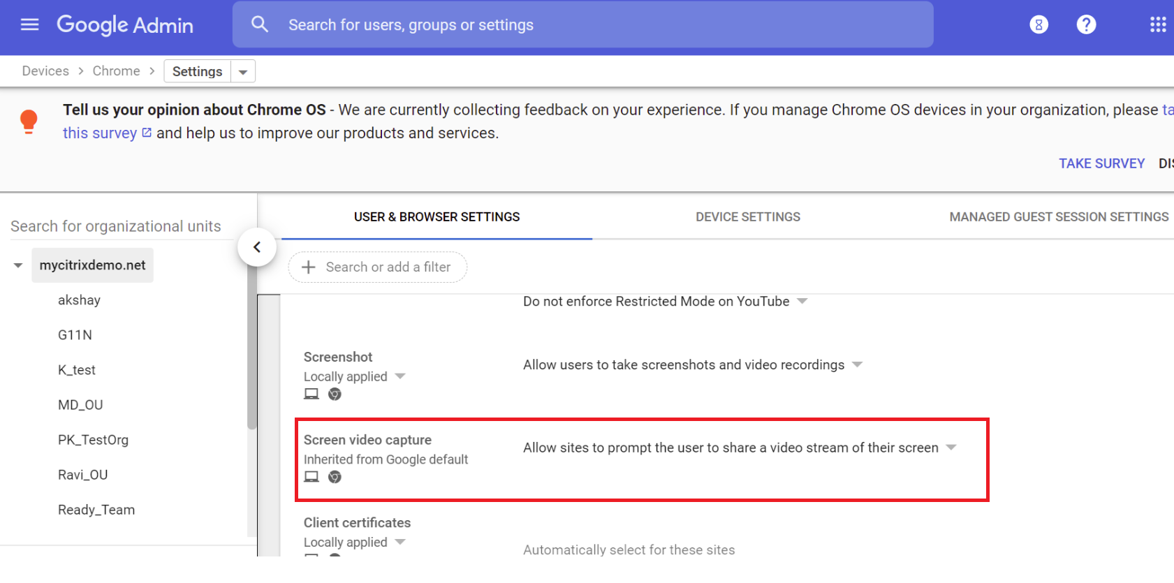 Screen sharing setting