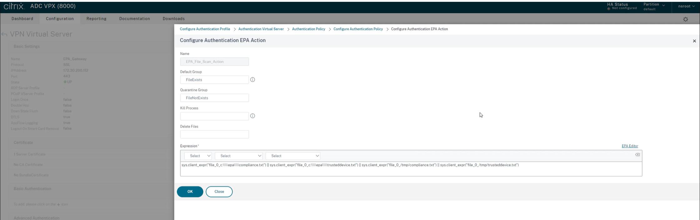 Configure Authentication EPA Action