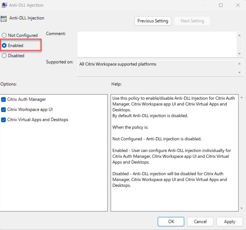 Enable Anti-DLL Injection policy
