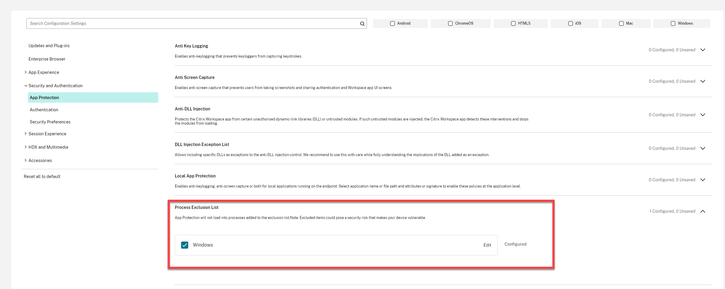 Enable Process Exclusion List