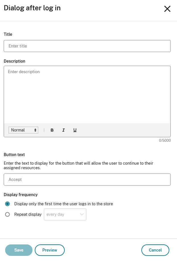 After the log in dialog configuration page