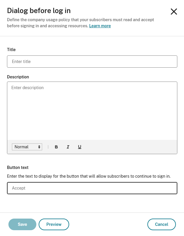 Before log in dialog configuration page