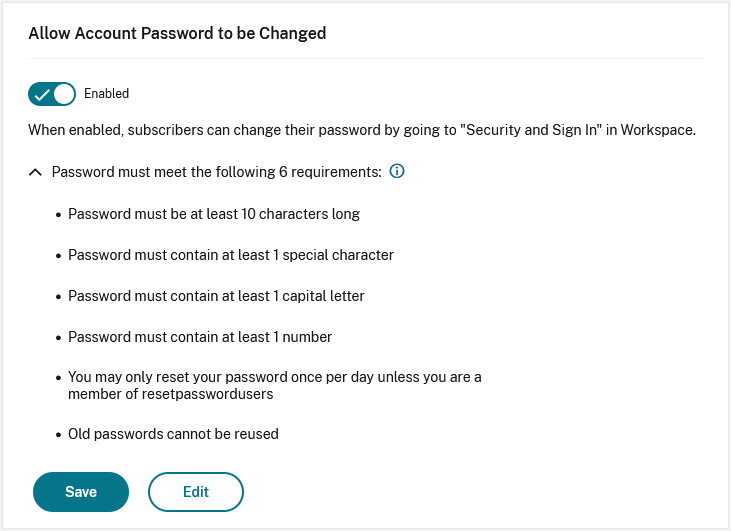Allow Account Password to be Changed setting with password requirements