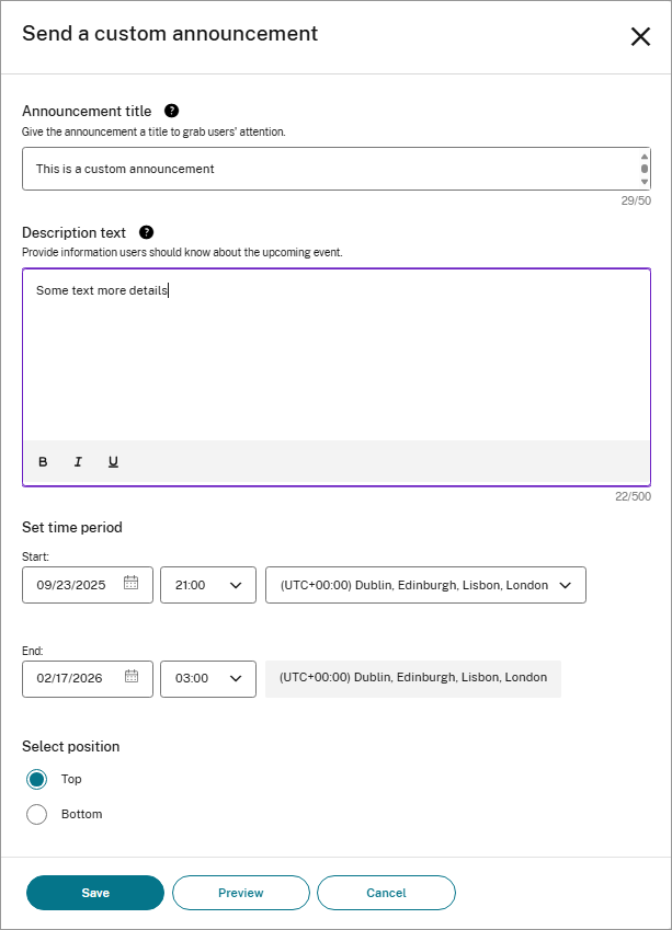 Screenshot of blade to create a custom announcements