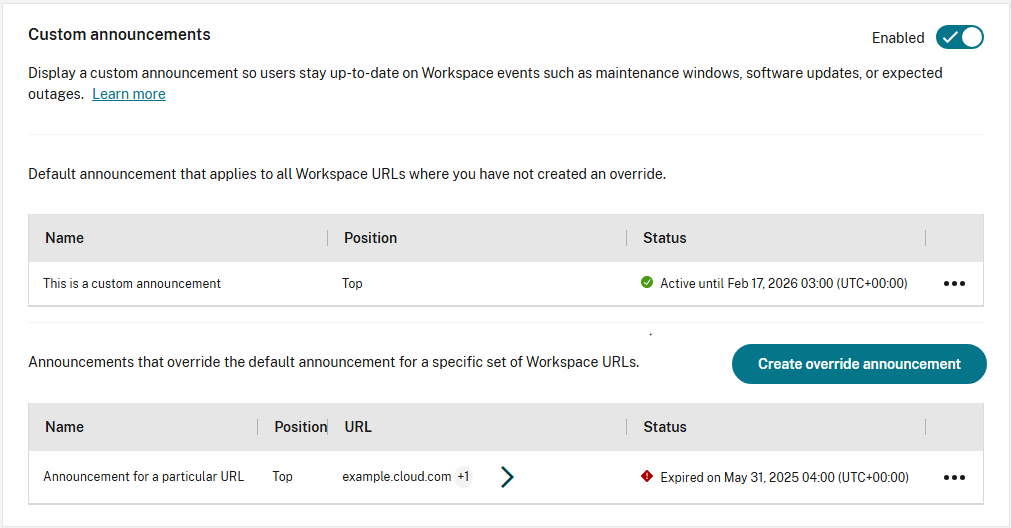 Screenshot of custom announcements configuration