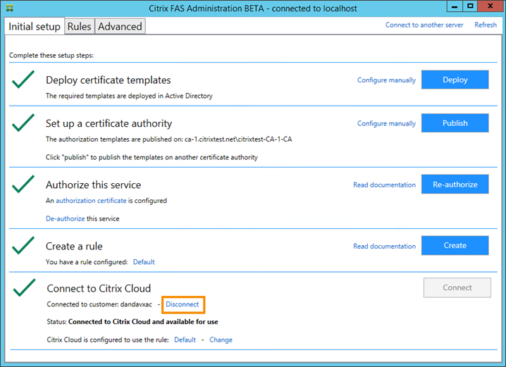 FAS Administration console with Disable command highlighted