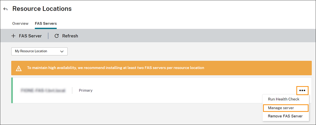 FAS Servers tab with Manage server menu option highlighted