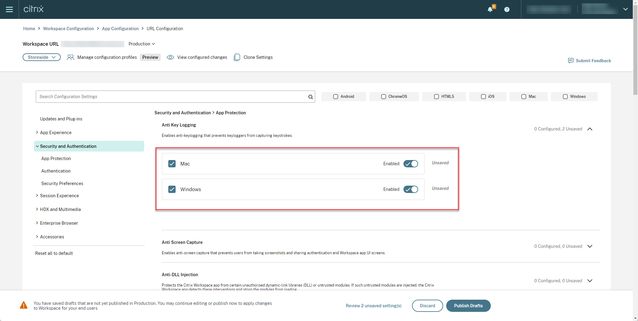 GACS applicable settings