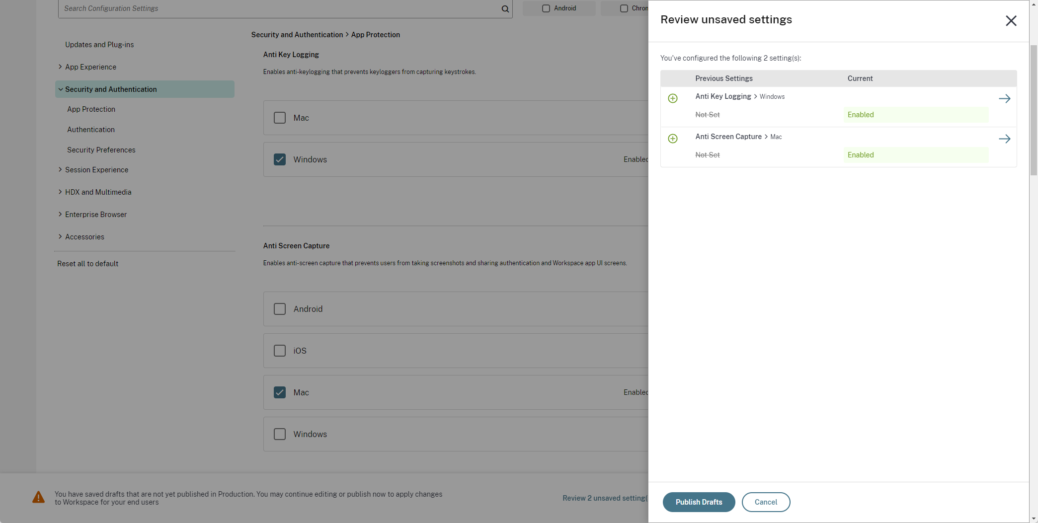 GACS unsaved settings