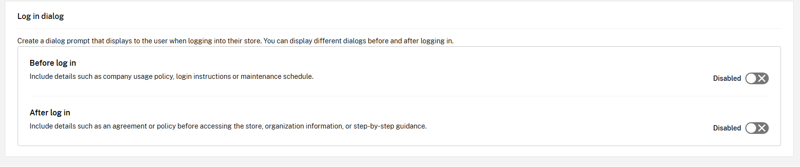 Log in dialog section
