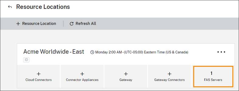 Resource Locations page with FAS server added