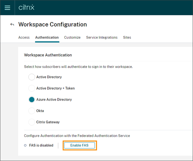 StoreFront Cloud page with Enable FAS button highlighted