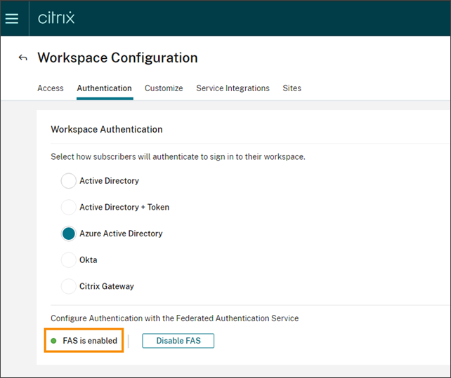 StoreFront Cloud page with FAS enabled