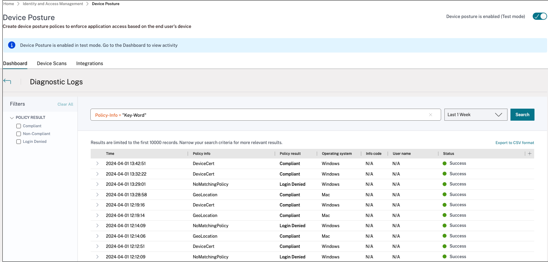 Test mode diagnostics