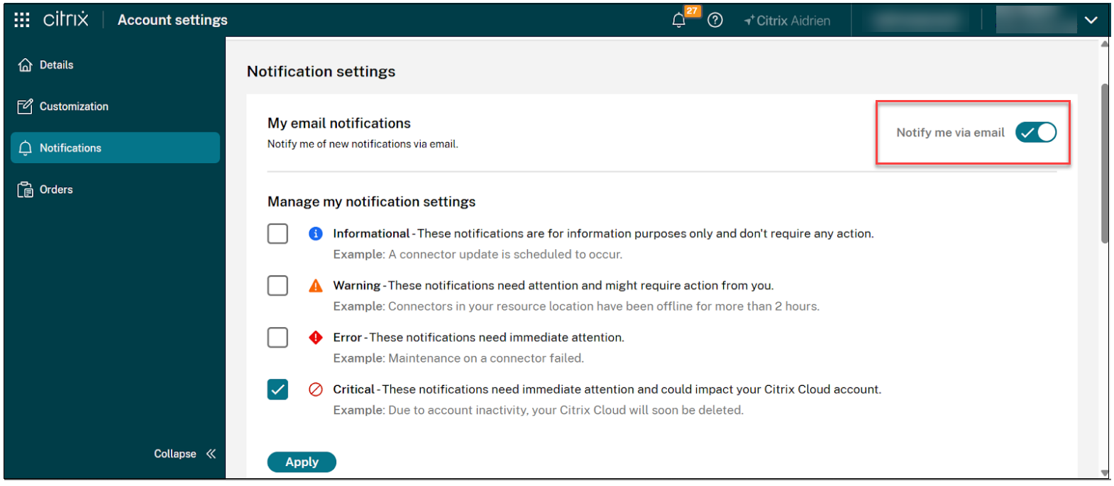 Notification toggle