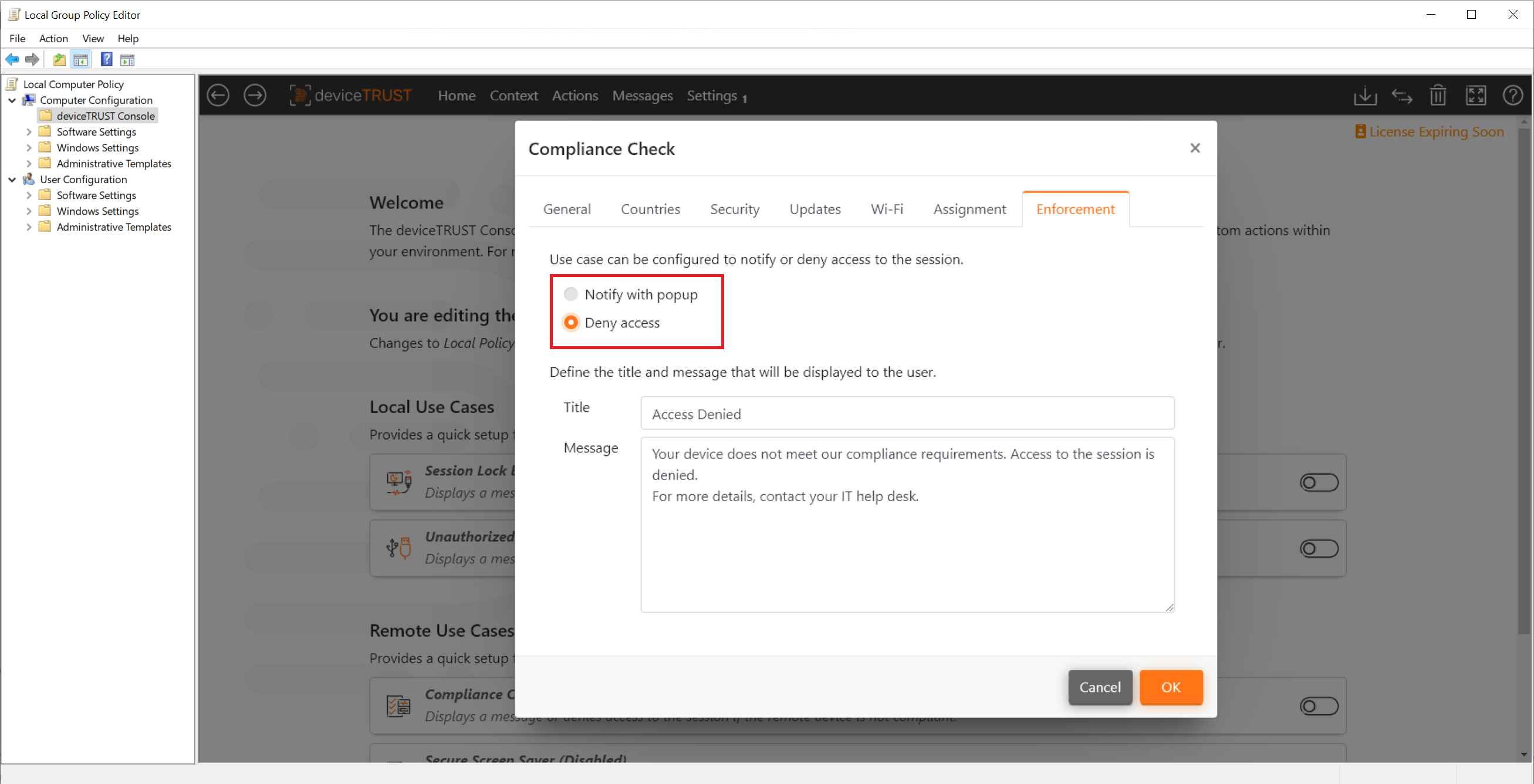 Enforcement Configuration Tabs