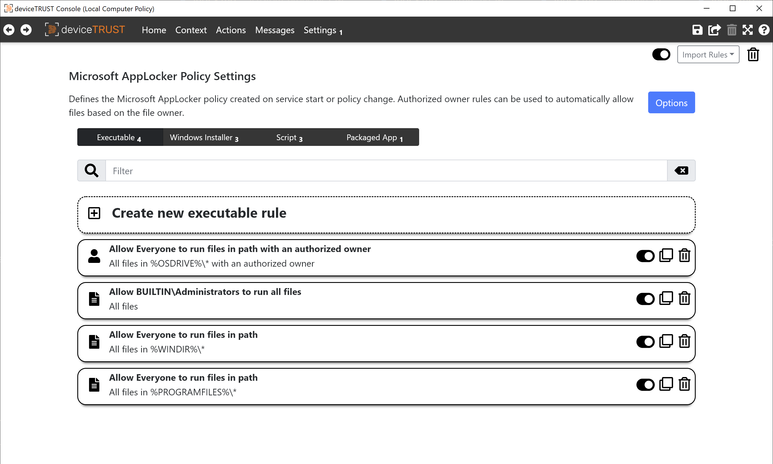 The Microsoft AppLocker Settings