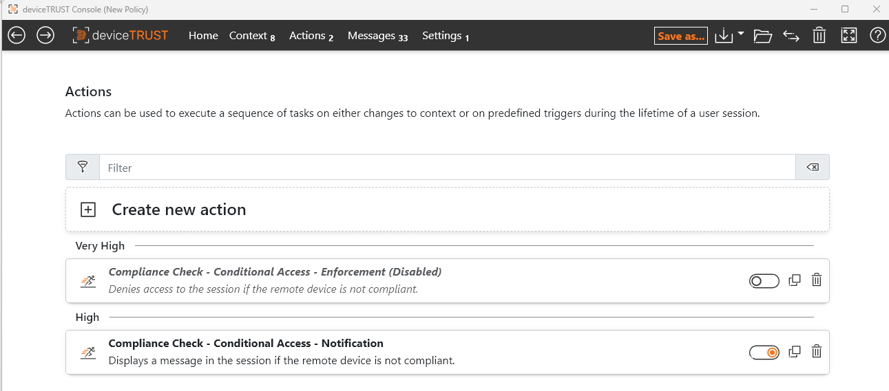 The Compliance Check use cases Actions within the deviceTRUST Console