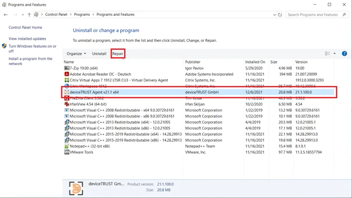 Repair deviceTRUST Agent installation
