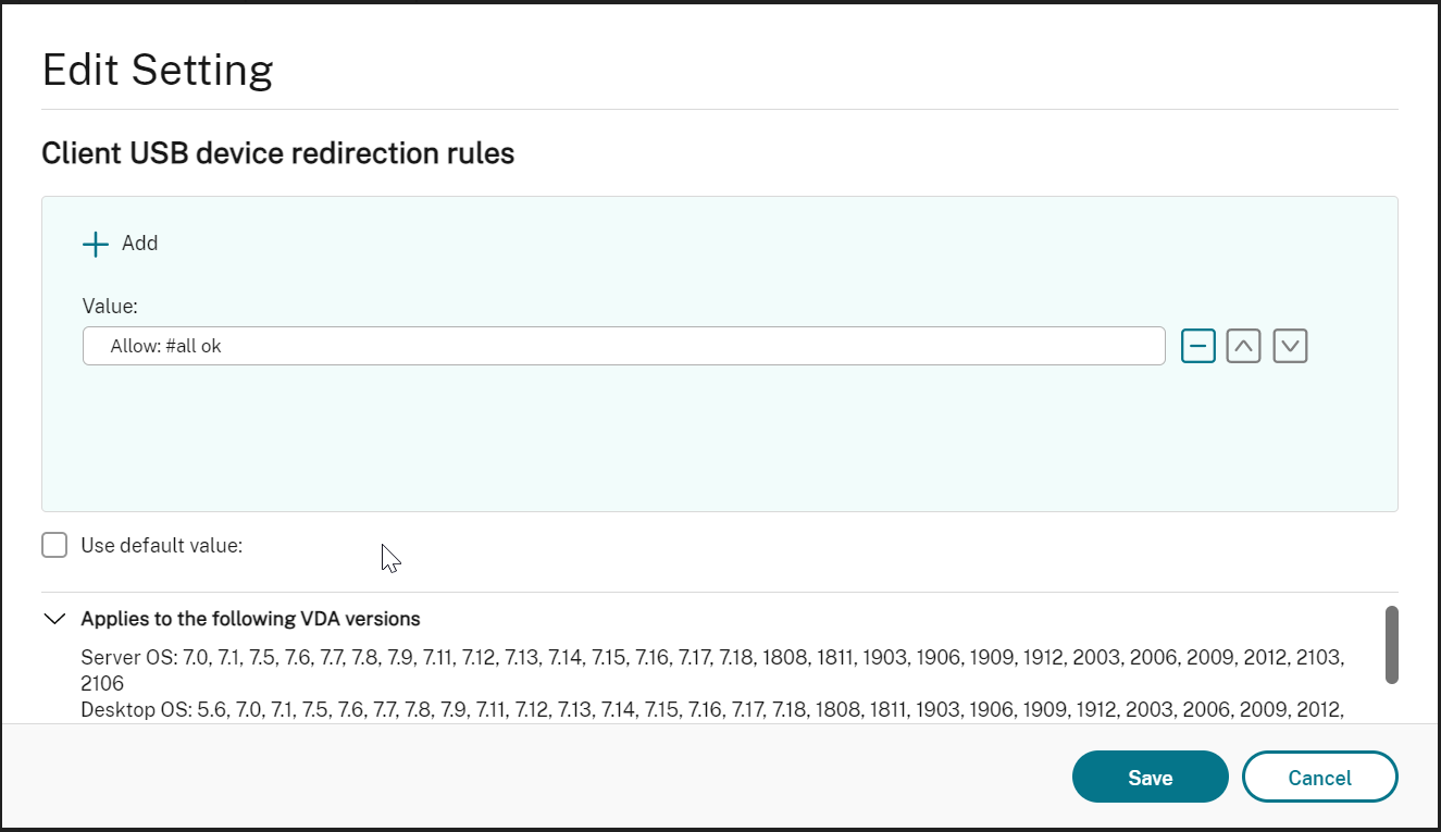 Image of the client USB redirection rule setting