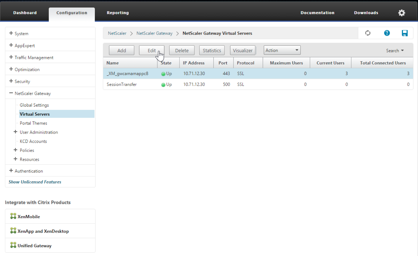 Image of the Virtual Servers screen