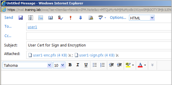 Image of the OWA mail to send certificates