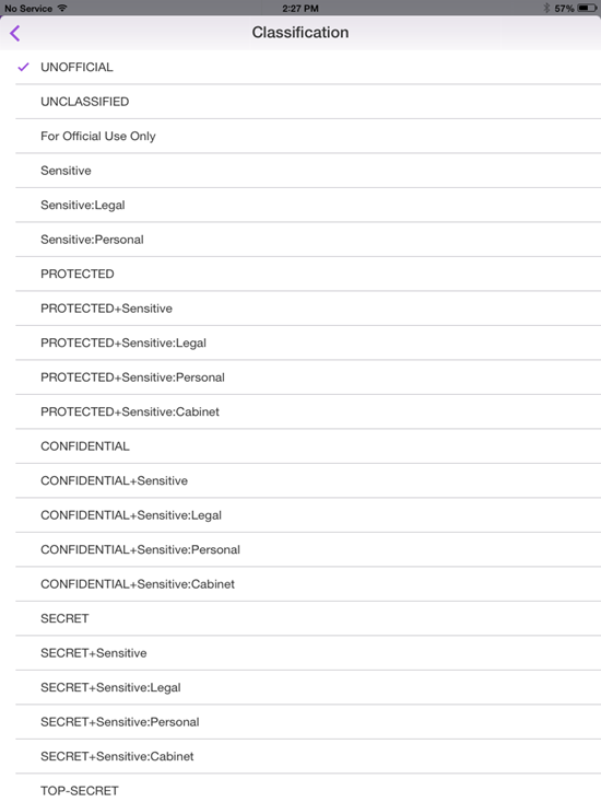 Security classification list in Secure Mail