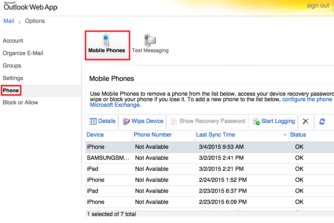 Image of the Outlook Web App configuration