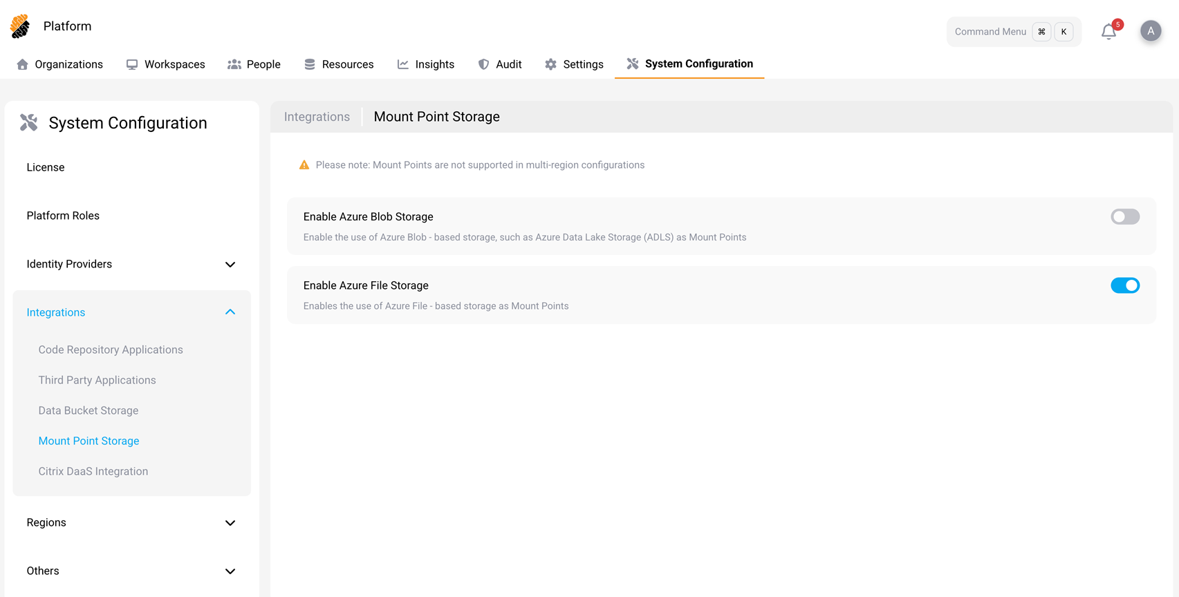 System Configuration page on an Azure cluster, showing the Mount Point Storage section with switches for Azure Blob Storage and Azure File Storage