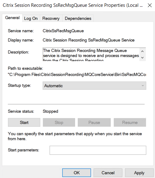 Startup type of the Session Recording message queue service