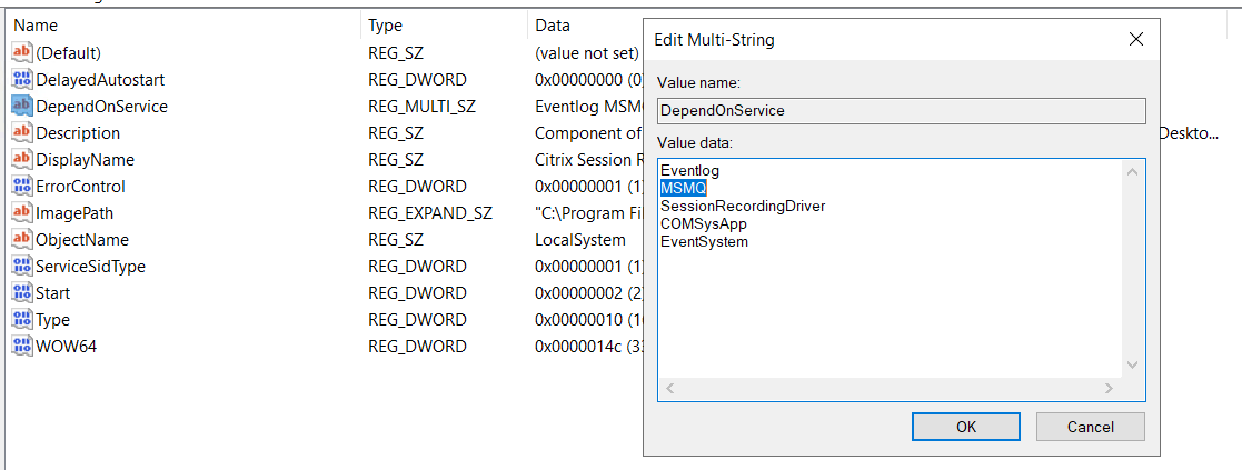 Remove MSMQ from the DependOnService key