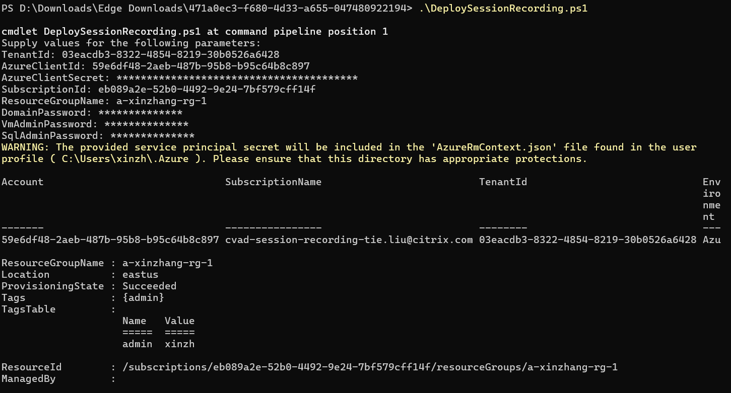 Parameters prompted when running an ARM template script