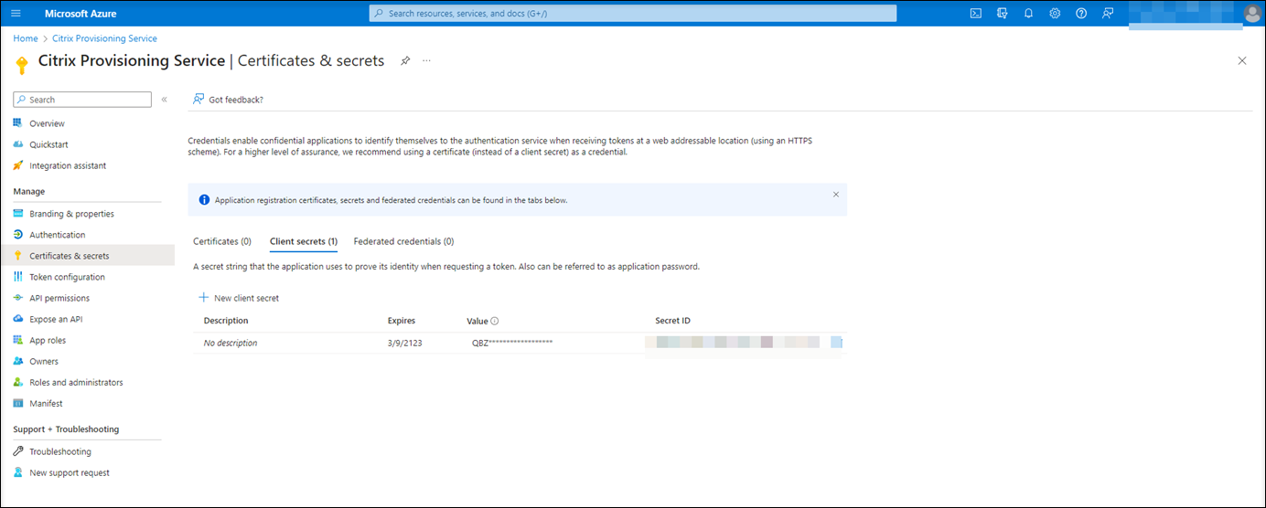 Client secret ID and its expiration date