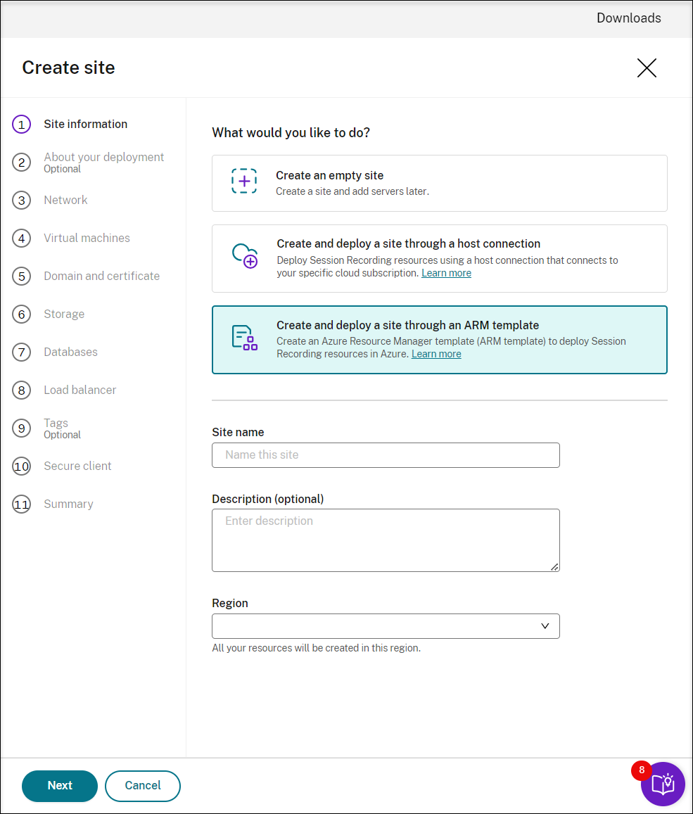 Create and deploy a site through an ARM template