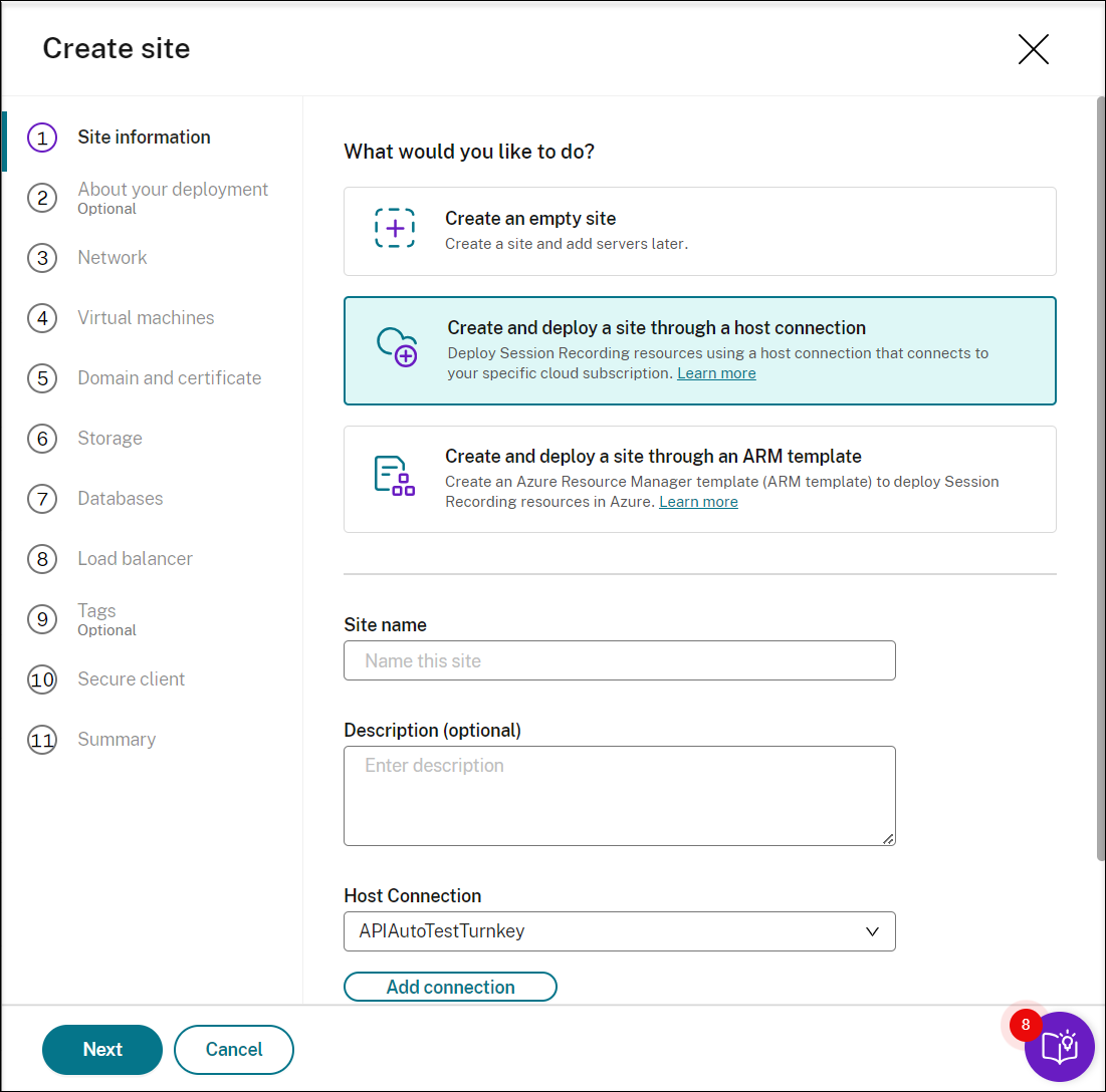 Create and deploy a site through a host connection