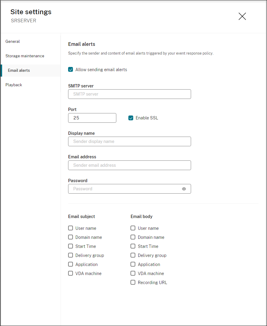 Email alerts page of site settings