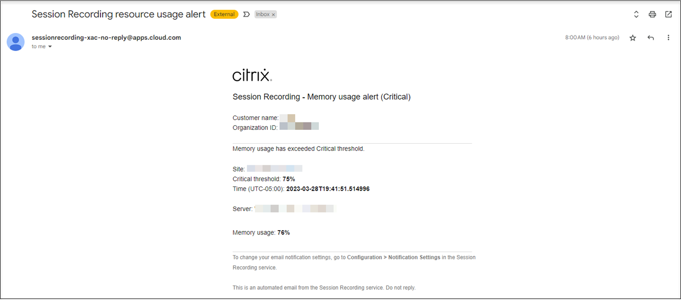 Example email notification